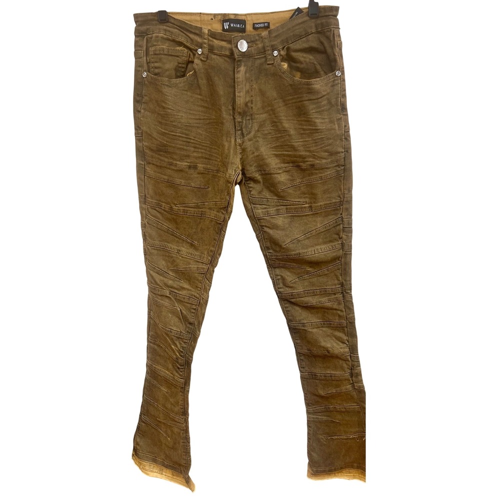 Waimea Stacked Fit Moto Jeans Mens Brown Distressed Paneled‎ Streetwear Pants